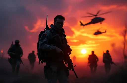Prompt: Soldiers at Sunset
"Cinematic 8K wide shot of five silhouetted Army Rangers walking in tactical formation along a ridge at sunset, dramatic orange and purple sky in background with two Black Hawk helicopters flying in formation, desaturated Saving Private Ryan color grading, atmospheric haze, volumetric lighting, shot on ARRI Alexa with anamorphic lens, subtle film grain, high dynamic range, depth of field focusing on central soldier carrying M4 rifle, ultra-detailed military equipment, realistic tactical gear, award-winning war documentary cinematography"
