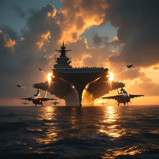 Prompt: "Aircraft carrier battle group at sunset with jets launching, submarines partially visible in foreground waters, cinematic wide shot, text: 'MILITARY DOMINANCE REVEALED'"