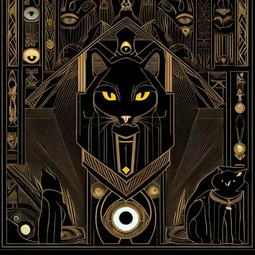Prompt: Dark noire, obsidian black cat with seeing eyes, Neo Egyptian, art deco, terror, fear, danger, evil