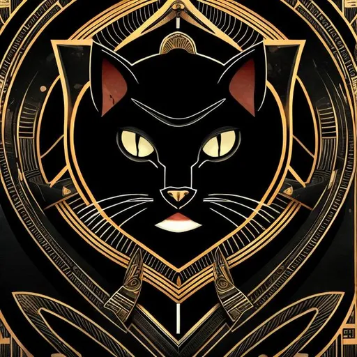 Prompt: Dark noire, obsidian black cat with seeing eyes, Neo Egyptian, art deco, terror, fear, danger, evil