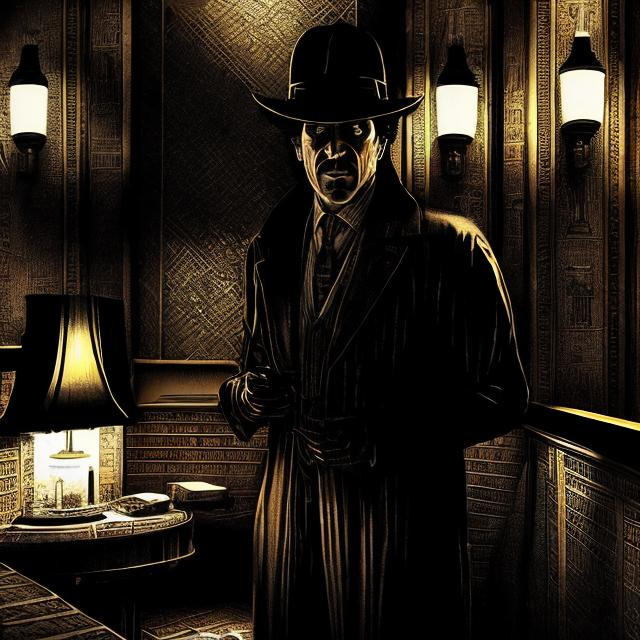 Prompt: Philip Marlowe private detective in hotel, art deco, Neo Egyptian, film noir, dark noire, nightmarish, hallucinatory, detailed facial features, high-res, atmospheric lighting, surreal, intense shadows, mysterious, professional, vintage, atmospheric, noir, detailed environment, intricate patterns, eerie, low-key lighting