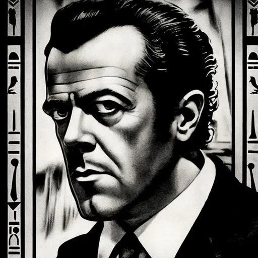 Prompt: Philip Marlowe private detective in hotel, art deco, Neo Egyptian, film noir, dark noire, nightmarish, hallucinatory, detailed facial features, high-res, atmospheric lighting, surreal, intense shadows, mysterious, professional, vintage, atmospheric, noir, detailed environment, intricate patterns, eerie, low-key lighting
