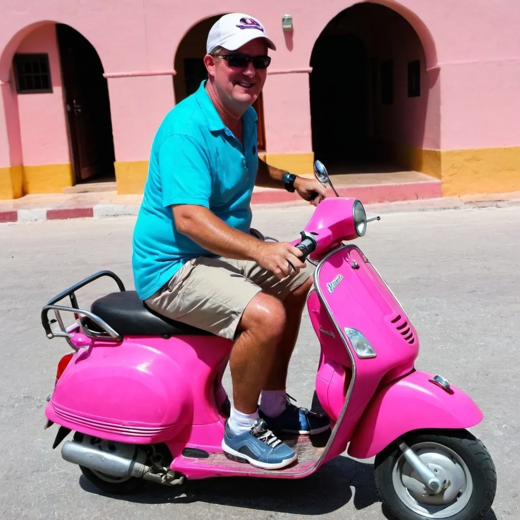 Prompt: Mark johnson on a pink Vespa scooter in Aruba
