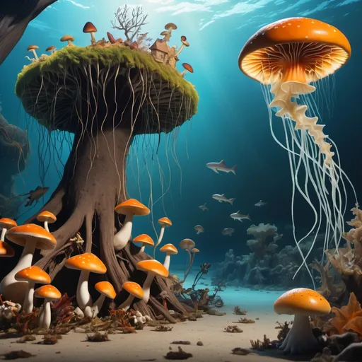 Prompt: half of scene has small land mushrooms growing on tree roots on land, roots crawl into the ocean, second half of the scene is underwater,  a vibrant sea nettle and a tigershark in the far background