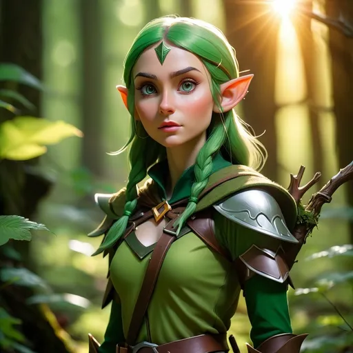 Prompt: Elf ranger in a mystical forest around sunlight