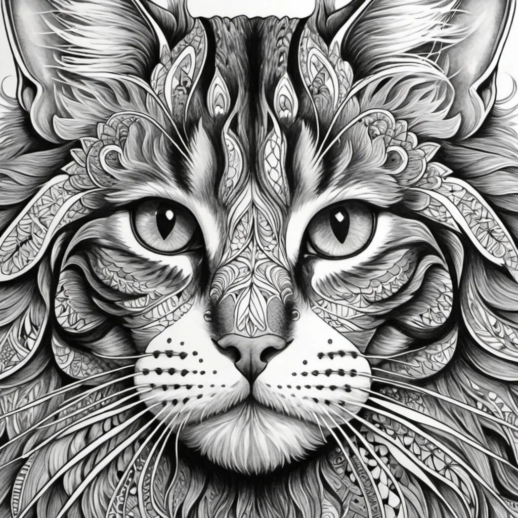 Prompt: Zentangle face of a Maine Coon cat's Head and shoulders, black and white, intricate patterns, adult coloring book style, high quality, detailed lines, professional, artistic, intricate, animal, monochrome, balanced shading, zentangle art, fine details, expressive eyes, majestic mane, captivating, intricate patterns, intense, meditative