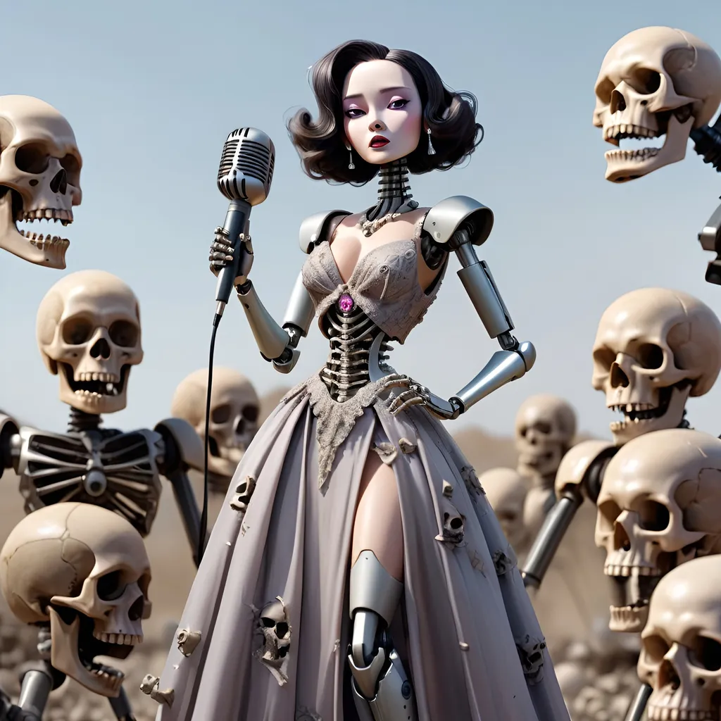 Prompt: jazz singer female robot with a long pretty dress holding a microphone and standing on a battlefield of human skulls 
