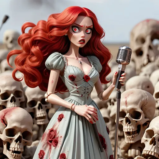 Prompt: jazz singer female robot with a long pretty dress and red hair and red eyes holding a microphone and standing on a battlefield of dead human skulls