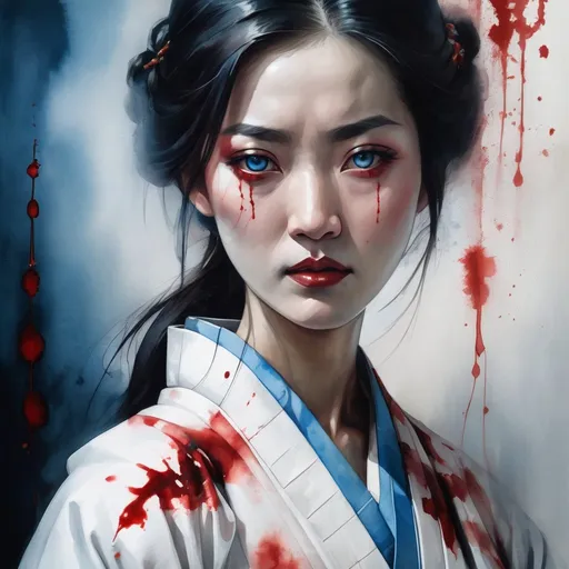 Prompt: Asian female in white kimono with red blood stains, piercing blue eyes, high-res, traditional painting, detailed fabric folds, blood-stained white kimono, intense gaze, serene expression, realistic, traditional art style, cool tones, dramatic lighting