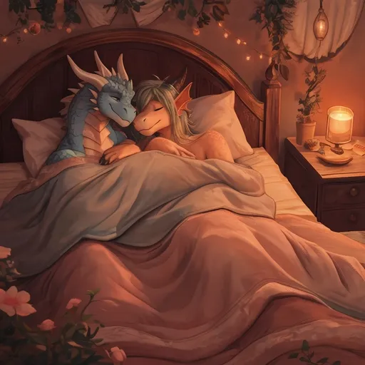 Prompt: (cuddling dragons), (furry characters), two male dragon furries soundly sleeping side by side in a cozy bed, warm tones of soft blankets and pillows, gentle ambient lighting creating a peaceful atmosphere, aesthetically pleasing composition, charming expressions of comfort and affection, ultra-detailed, high-quality, dreamy ambiance, perfect for a sleepover theme, inviting and serene setting.