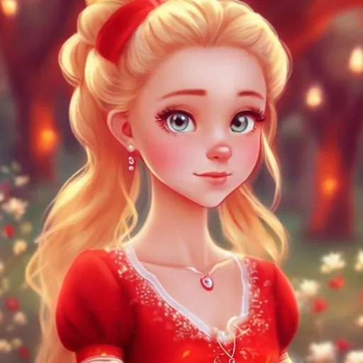 Prompt: A  princess with a blonde hair in a bun,  in red dress , in her late teens, big pretty eyes, cartoon,