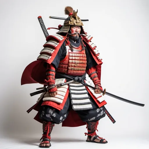 Prompt: A full sized fearsome takeda shingen samurai warrior with katanas drawn and pure white background.