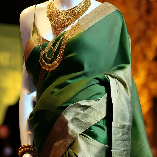 Prompt: A green and golden sari is on display with belly jewelry and golden jewelry and earrings  

