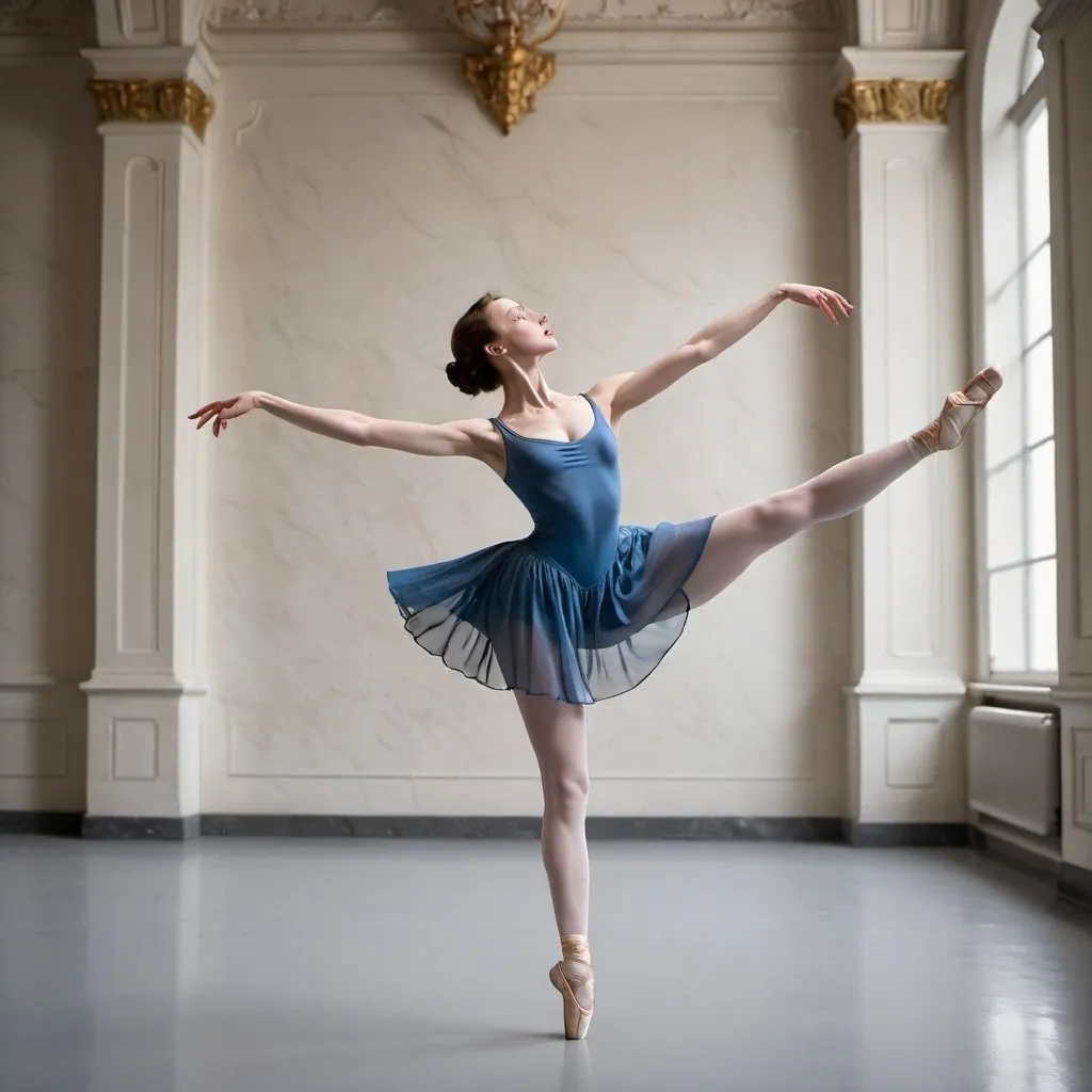 Prompt: a woman in a blue dress is doing a ballet pose with her arms outstretched in the air and her leg bent, Elizabeth Polunin, arabesque, graceful, a marble sculpture