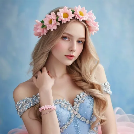 Prompt: undefinedYoung woman with very white and with long hair that has a tulip flower crown and a dazzling, sparkly baby pink gown and has daisy bracelets com o vestido azul 