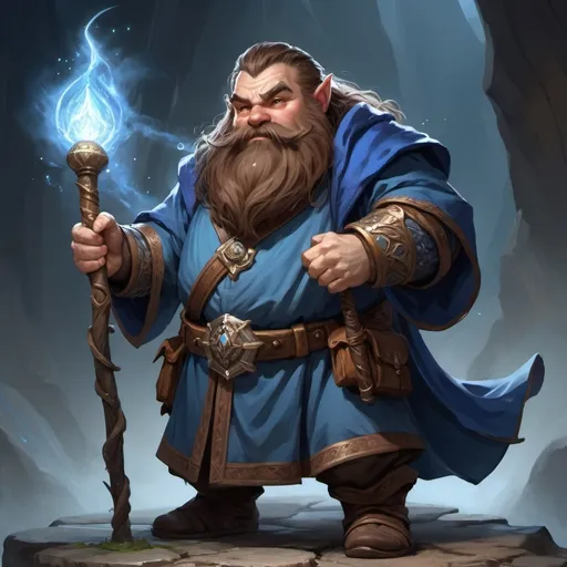 Prompt: A fantasy dwarf with brown hair, flowing blue robes on , and wielding a magic staff
