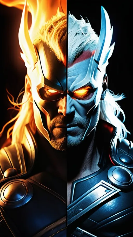 Prompt: The One side of image has a half  face of thor and other side have half face of ghost rider. the  thor side have lighting of thunder half side and and Ghost Rider has glow like and fire. and the background has black . it has to be like one side of Lightning thor half face  and other side of ghost rider  half face was glowing like a volcano fire