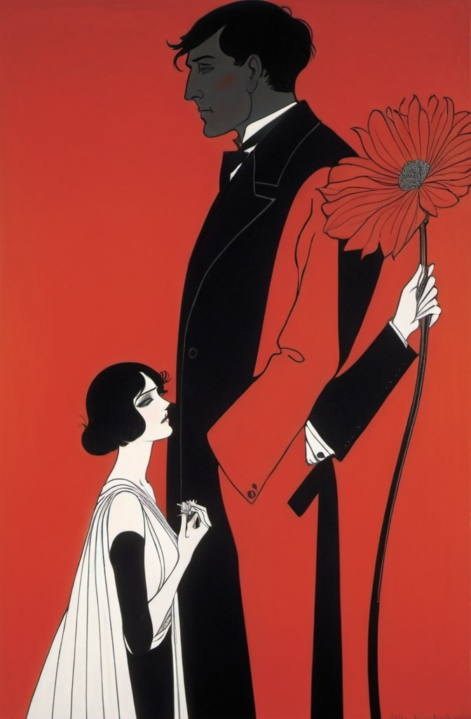 Prompt: a woman holding a flower in her hand and a man in a suit standing next to her with a red background, Aubrey Beardsley, vorticism, decadent, an art deco painting