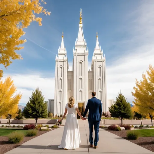 Prompt: husband and wife holding hands looking at an lds temple

