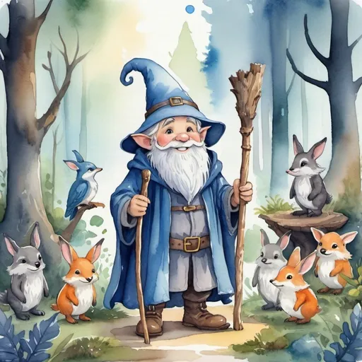 Prompt: A smiling grey-haired forest gnome dressed in a loose blue wizard cloak while holding a wooden staff, standing infront of a fantasy forest and surrounded by cute forest animals, fantasy water color style