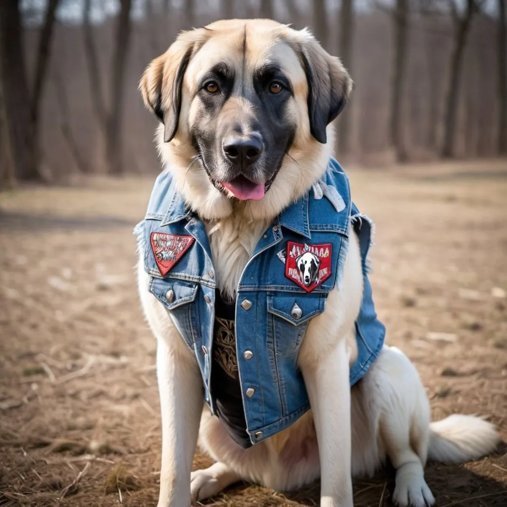 Prompt: Anatolian Shepherd wearing a heavy metal music denim vest thrash metal patches 