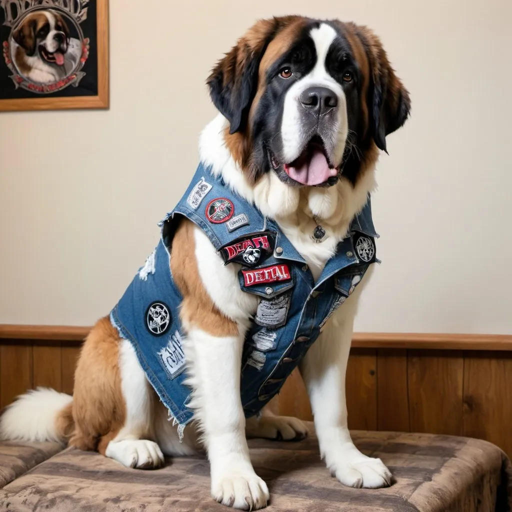 Prompt: st bernard wearing a heavy metal music denim vest with death metal patches 