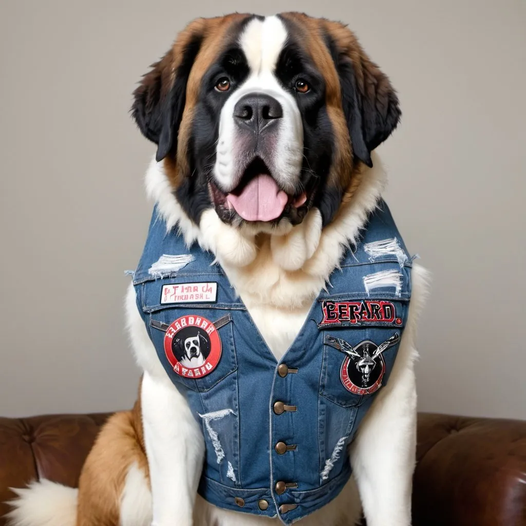 Prompt: st bernard wearing a heavy metal music denim vest with thrash metal patches 