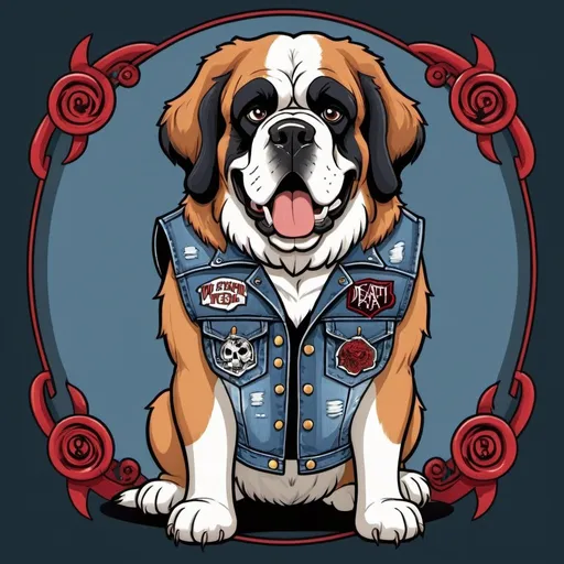 Prompt: st bernard wearing a heavy metal music denim vest with death metal patches in a cartoon style 