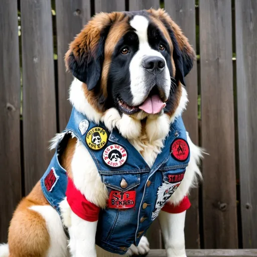 Prompt: st bernard wearing a heavy metal music denim vest with thrash metal patches 