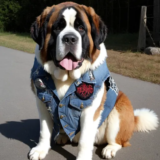 Prompt: st bernard wearing a heavy metal music denim vest with death metal patches 