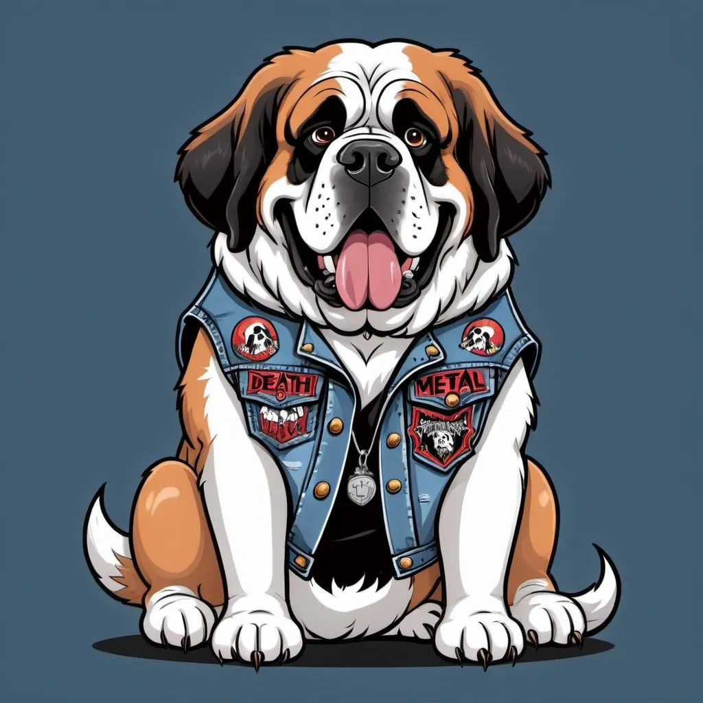 Prompt: st bernard wearing a heavy metal music denim vest with death metal patches in a cartoon style 