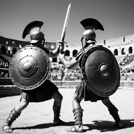 Prompt: Roman gladiators figting with their sword and shield in black and white