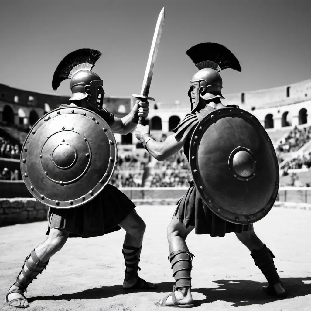 Prompt: Roman gladiators figting with their sword and shield in black and white