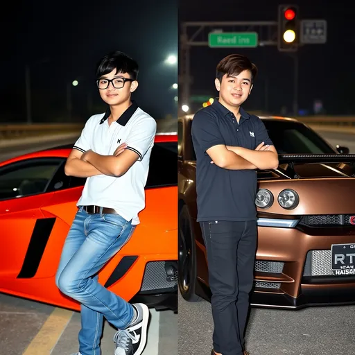 Prompt: There are two Thai male teenagers. 20 years old boy with black two-block hair style wears white polo shirt with blue jean, wearing black-border transparent glasses, crossing his arms, leaning against orange Lamborghini aventador . Another 18 years old boy with black bro-flow hair style, wears black polo shirt, both arms relaxedly in his pants’ pocket, he is leaning on Nissan GTR R34 (black color) with engine on. The scenario takes place at Thailand highway in the night with Light from traffic light. Both of them and their cars are seperating in each half of screen.