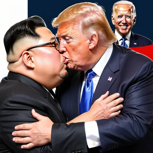 Prompt: Donald trump kissing with kim jong un and joe biden likes it