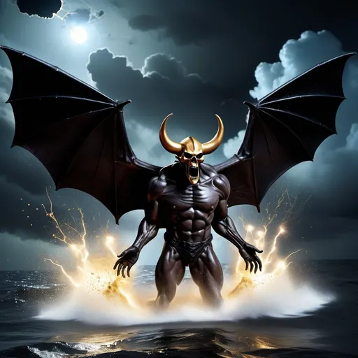 Prompt: Create a realistic dark terror photo of a flying haunted caravel. The night sky has dark nebulae full of stars and thunderbolts. Majestic black muscular horned Satans fly with bat wings. The turbulent ocean is cracked open, and a lazer-making diamond sits on a molten gold lake. In the background a nuclear bomb explodes. It rains meteorites and gold nuggets with fiery tails. It rains black ink. Zhangjiajie-like/Wulingyuan-like dark blue soaring rock spires exist in one side. In the other side a majestic evil dragon with maximally evil face, cinder eyes and flamethrower mouth. Create it as a realistic dark terror photo.