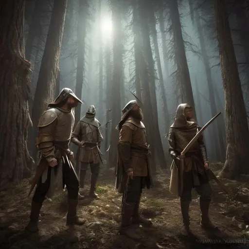 Prompt: Medieval bandits in dark forest 