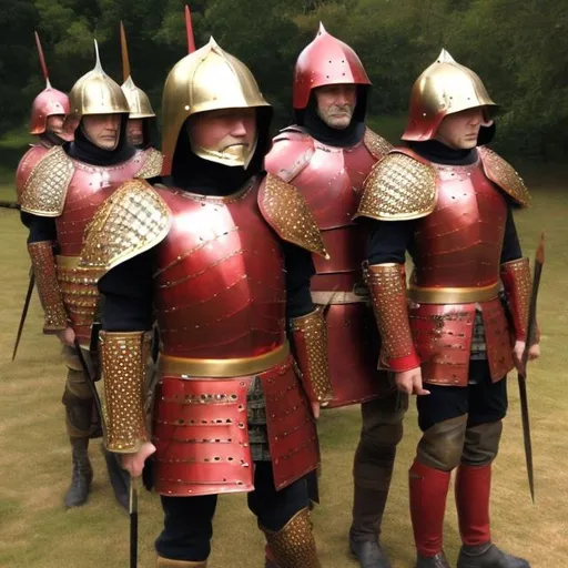 Prompt: Medieval soldiers. Red and gold Armour 