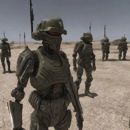Prompt: Futuristic army in wasteland 