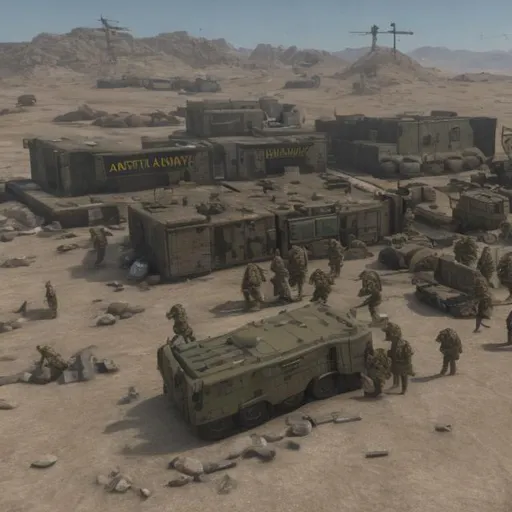 Prompt: Army checkpoint in wasteland. Futuristic 