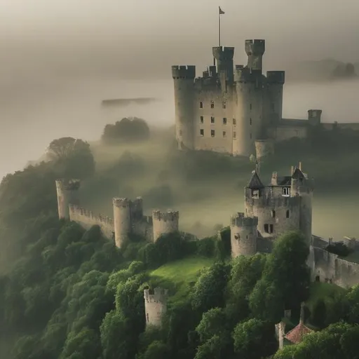 Prompt: Misty castle overlooking a village