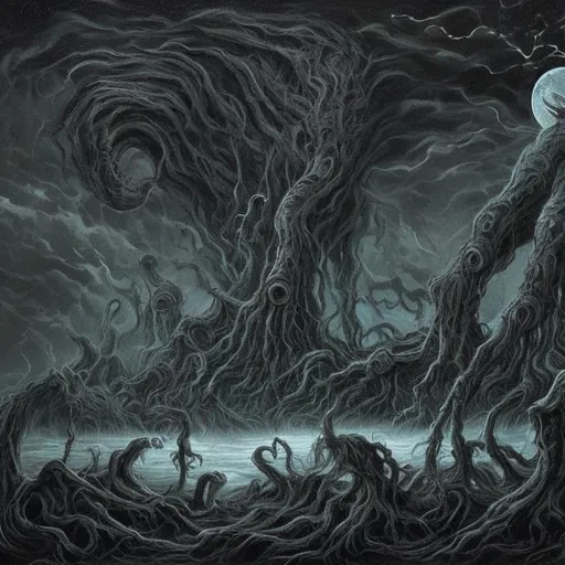 Prompt: Eldritch monsters in a dark sky 