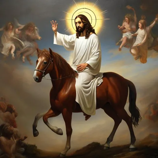 Prompt: Jesus christ on a horse painting 