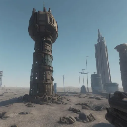 Prompt: Futuristic tower in wasteland surrounded by base 