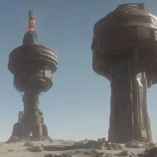 Prompt: Futuristic tower in wasteland surrounded by base 