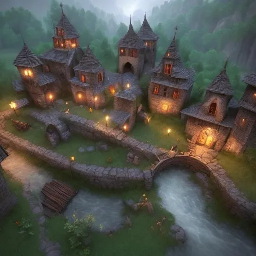 Prompt: Medieval Village in the forest with a river. Quiet and spooky