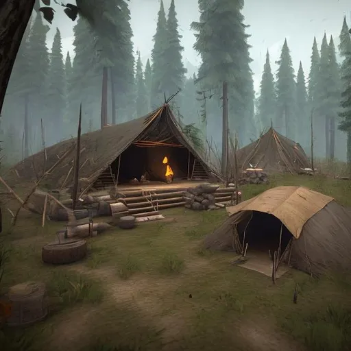 Prompt: Bandit camp in woods
