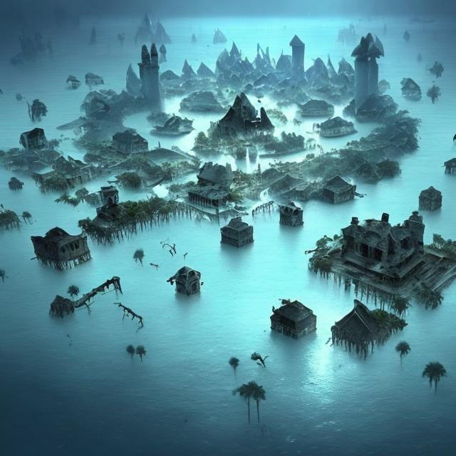Prompt: The cursed island. Destroyed city under water. 