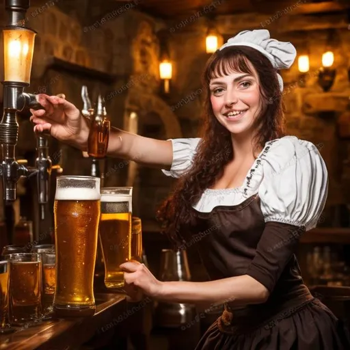 Prompt: Medieval Tavern maid serving beer  