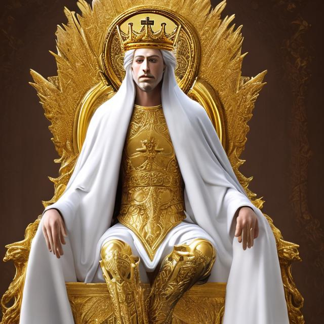 Prompt: Holy king on a golden throne. White hair 